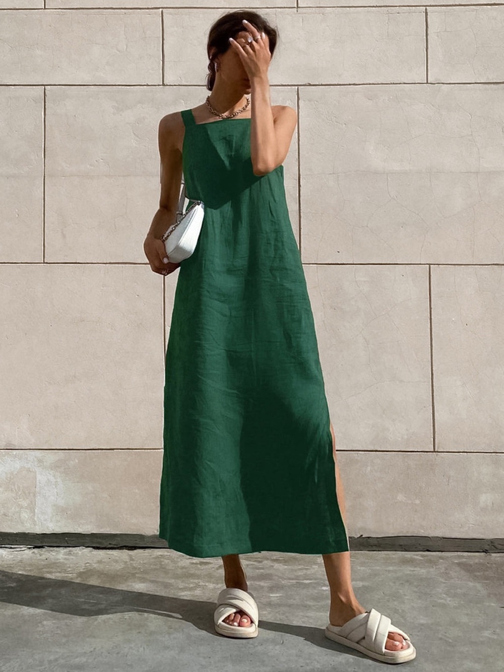 Minimalism Cotton Cami Green Long Dress - Commense